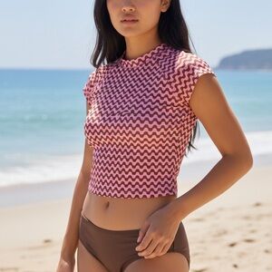 Wild Fable Pink and Brown Wave Swim Crop Top,‎ Size XS, NWOT